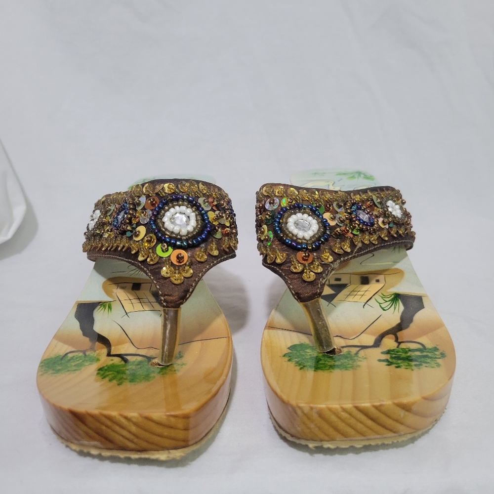 Vintage Y2K Bamboo Wooden Wedge Sandals Boho Sequin Painted Size 7 - Picture 8 of 13
